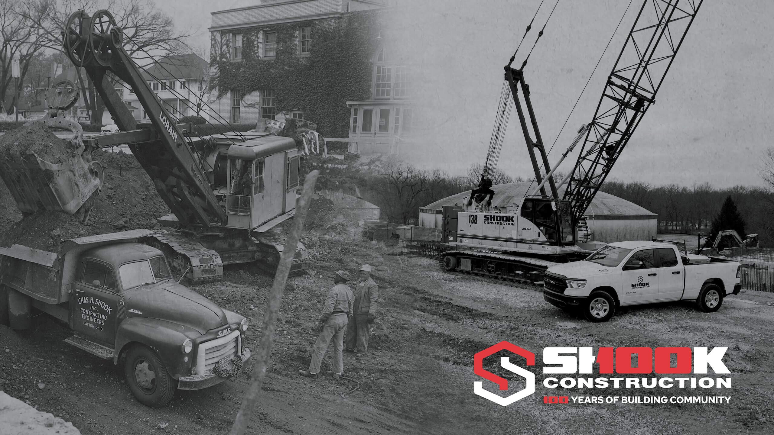 Split black and white image: left side shows vintage construction vehicles and workers; right side shows modern construction equipment and trucks with the Shook Construction logo and 100 Years of Building Community text.