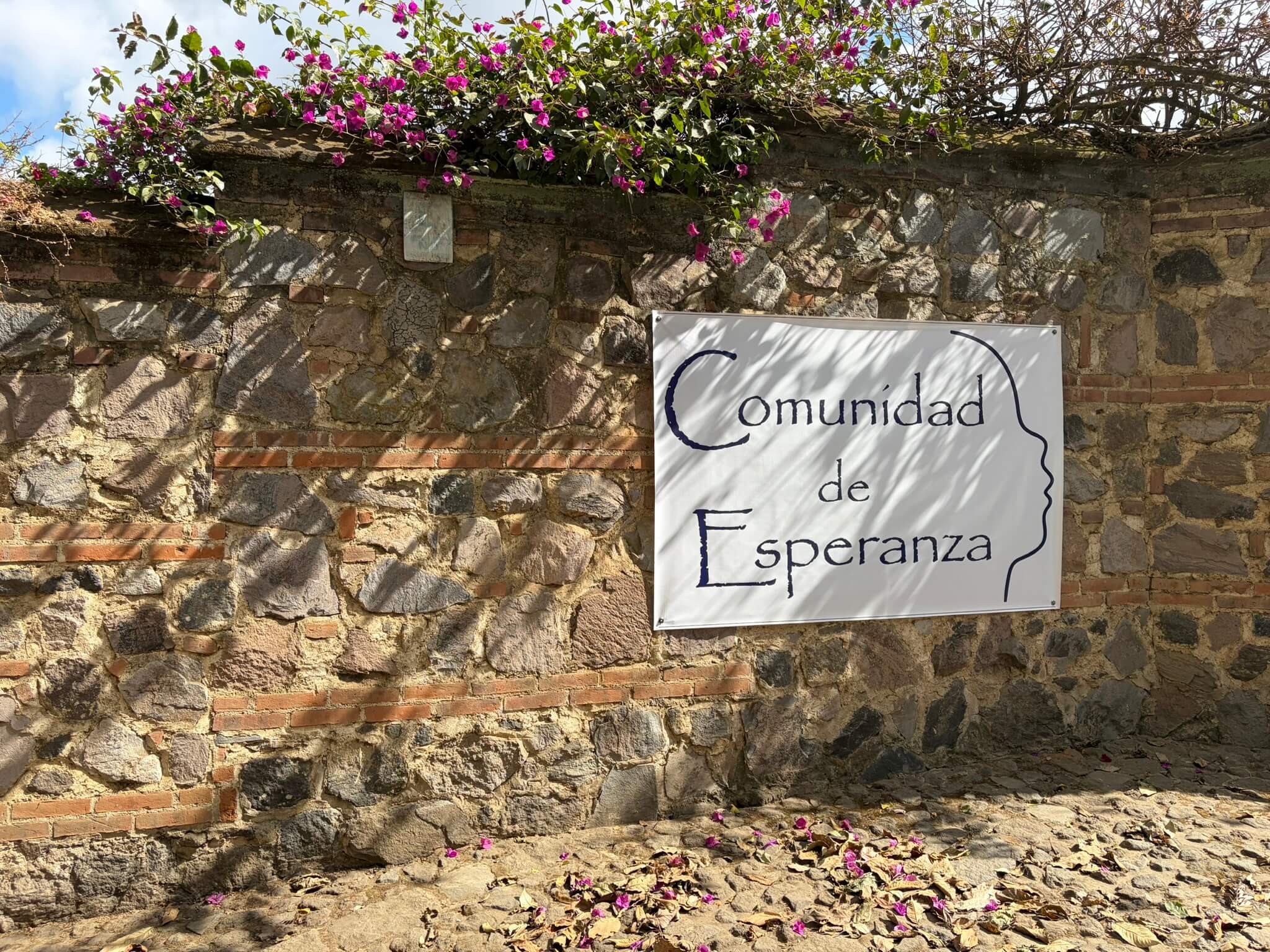 A stone wall with a blooming vine and a white sign that reads Comunidad de Esperanza with an outline of a face profile. Sunlight casts shadows on the wall and ground.