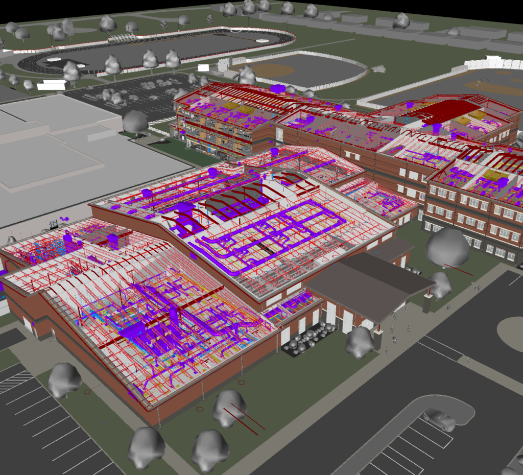A 3D architectural model of a large multi-story building with exposed structural, electrical, and plumbing systems, surrounded by trees, parking lots, and nearby roads.