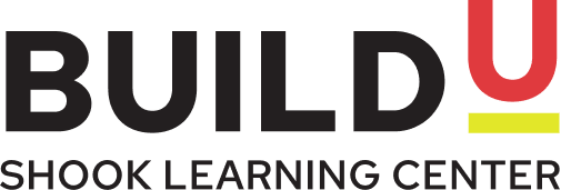 The image shows the logo for BUILD U Shook Learning Center, with the letter U in red and yellow, and the other letters in black.