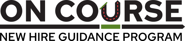ON COURSE NEW HIRE GUIDANCE PROGRAM logo with a road graphic forming the letter U and an arrow beneath the text.
