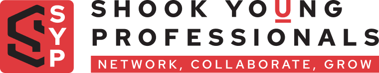 Shook Young Professionals logo with SYP in a red square, bold text, and the slogan Network, Collaborate, Grow in a red banner below.
