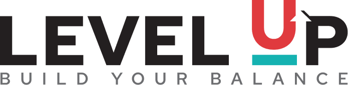 LEVEL UP logo. The U is red with an arrow forming part of the right side, and a teal underline. Below, gray text reads BUILD YOUR BALANCE. Simple, bold, and modern design.