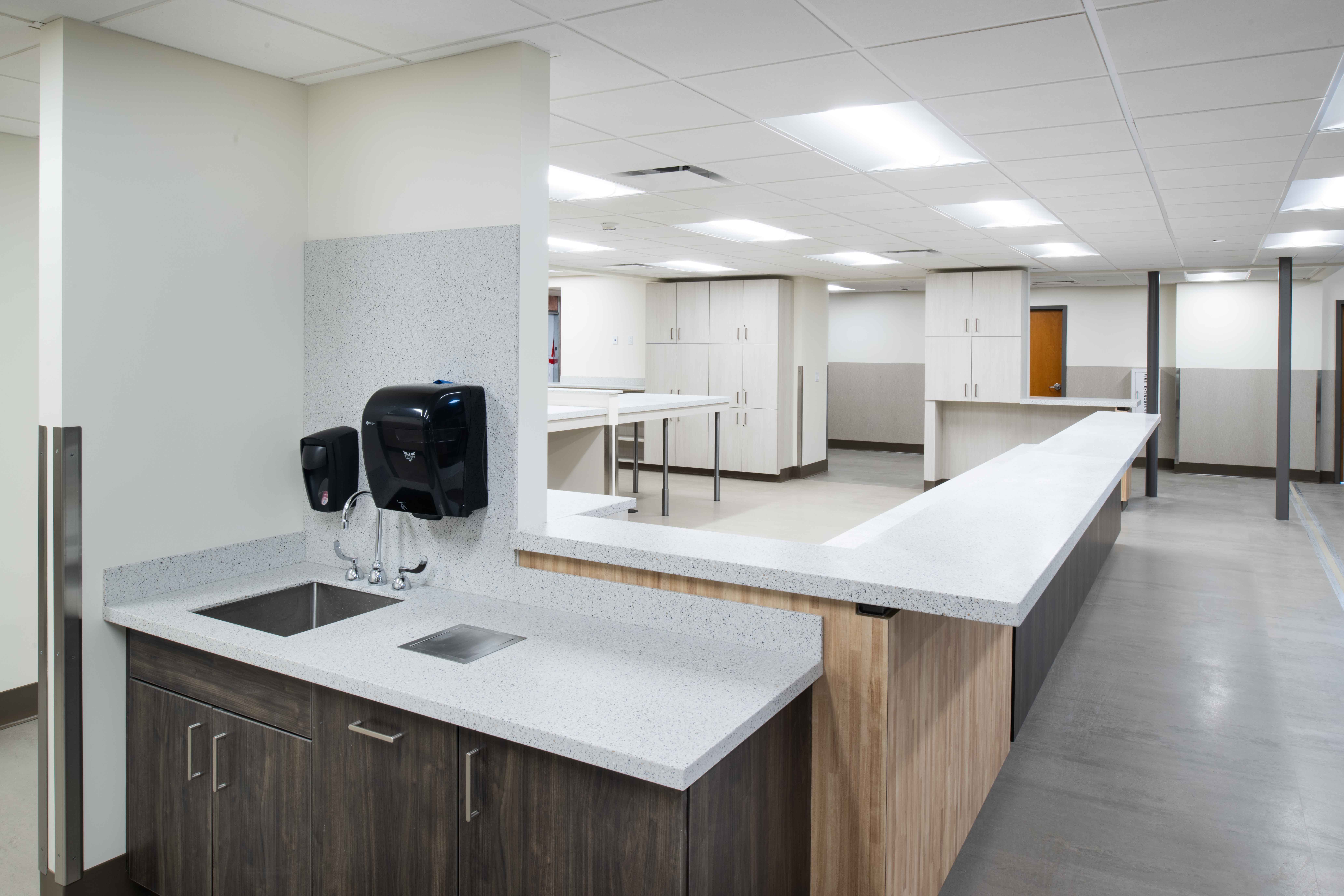 Modern, clean commercial kitchen or medical facility with white countertops, wood cabinets, sinks, wall-mounted soap dispensers, bright overhead lighting, and multiple workstations. No people are present.