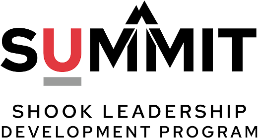 SUMMIT Shook Leadership Development Program logo. The word SUMMIT is stylized, with the U in red and a mountain shape forming the MM. Text below reads SHOOK LEADERSHIP DEVELOPMENT PROGRAM..