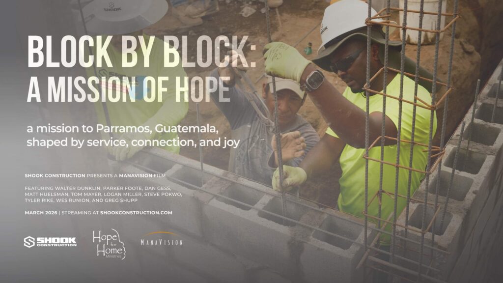A construction worker in a helmet and safety vest lays concrete blocks, while another worker in the background assists. Text promotes a mission trip to Parramos, Guatemala, focused on service and hope.