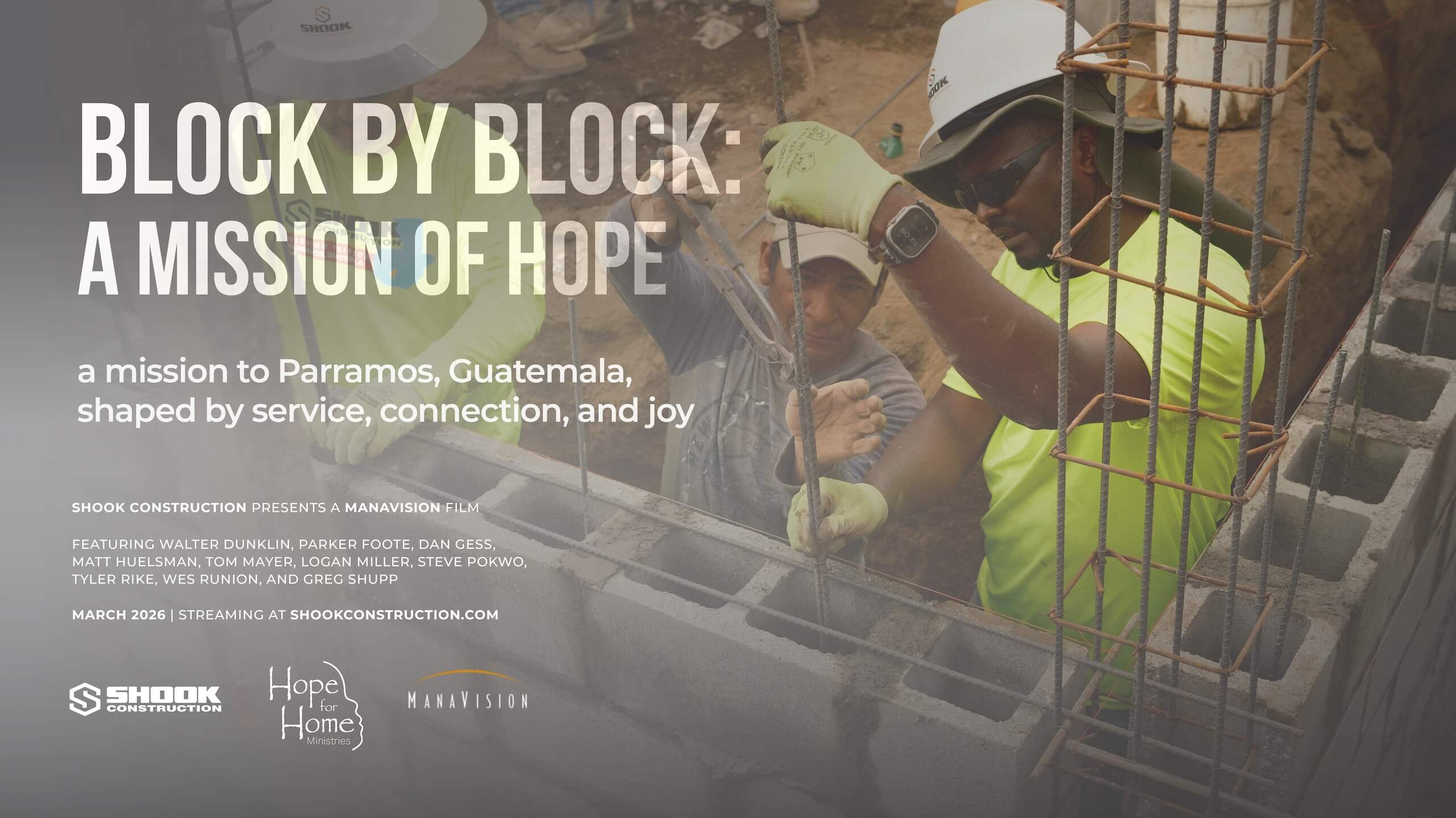 A construction worker in a helmet and safety vest lays concrete blocks, while another worker in the background assists. Text promotes a mission trip to Parramos, Guatemala, focused on service and hope.