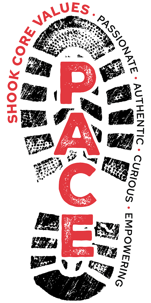 A black shoe print with PACE in red letters. Around the print: SHOOK CORE VALUES, Passionate, Authentic, Curious, and Empowering..