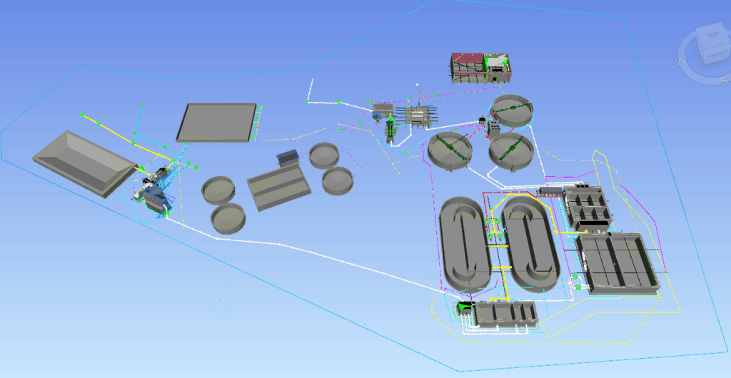 3D model of an industrial facility layout with multiple tanks, rectangular and circular structures, and interconnected pipelines on a blue background.