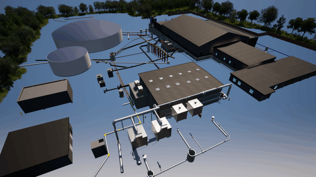 A 3D-rendered aerial view of an industrial facility with multiple buildings, large cylindrical tanks, pipelines, and outdoor equipment, surrounded by trees and open land.