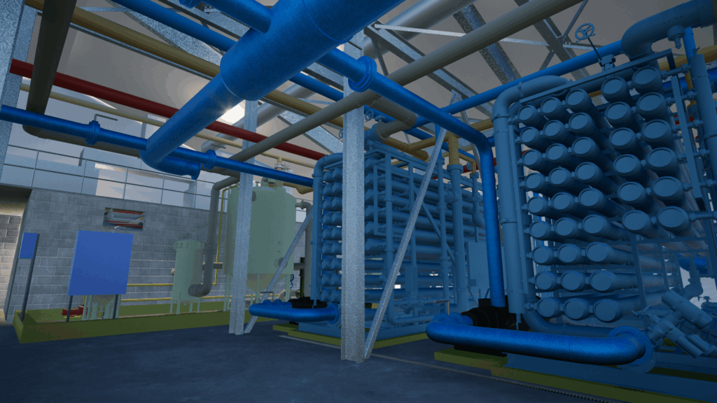 A large industrial facility interior with blue and green machinery, pipes, tanks, and metal beams. The space is spacious, with complex equipment and overhead structures under a high ceiling.
