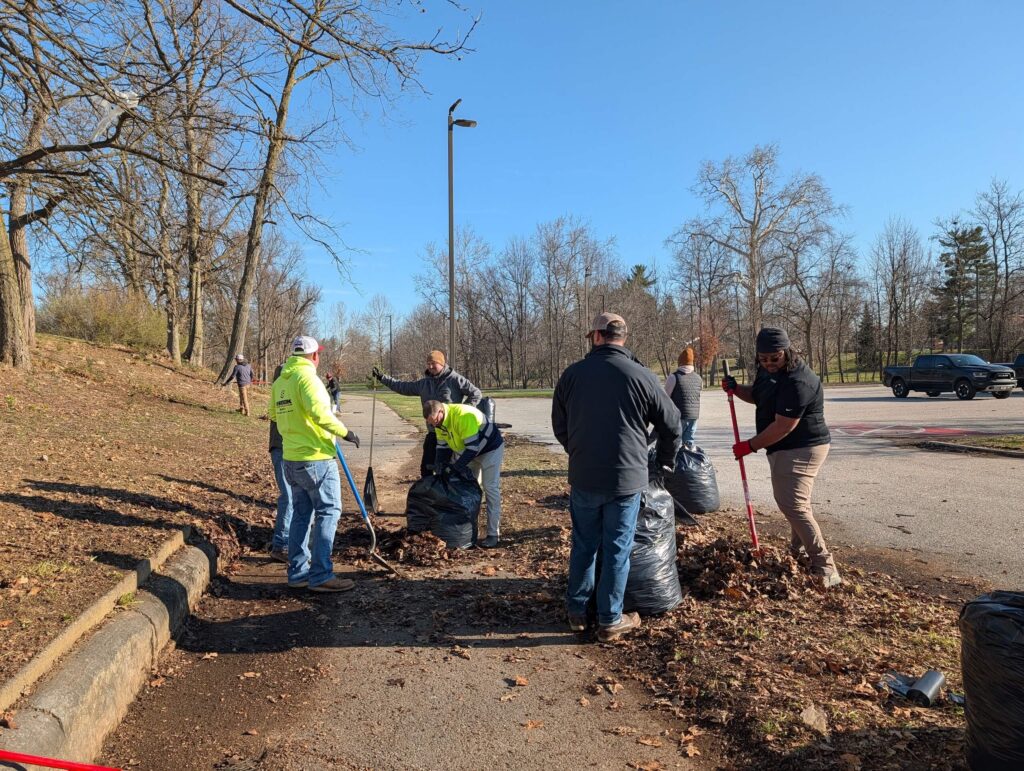 A group of people rake and bag leaves in a park on a sunny day. Some wear gloves and jackets, and a parking lot with cars is visible in the background. Trees without leaves line the area.