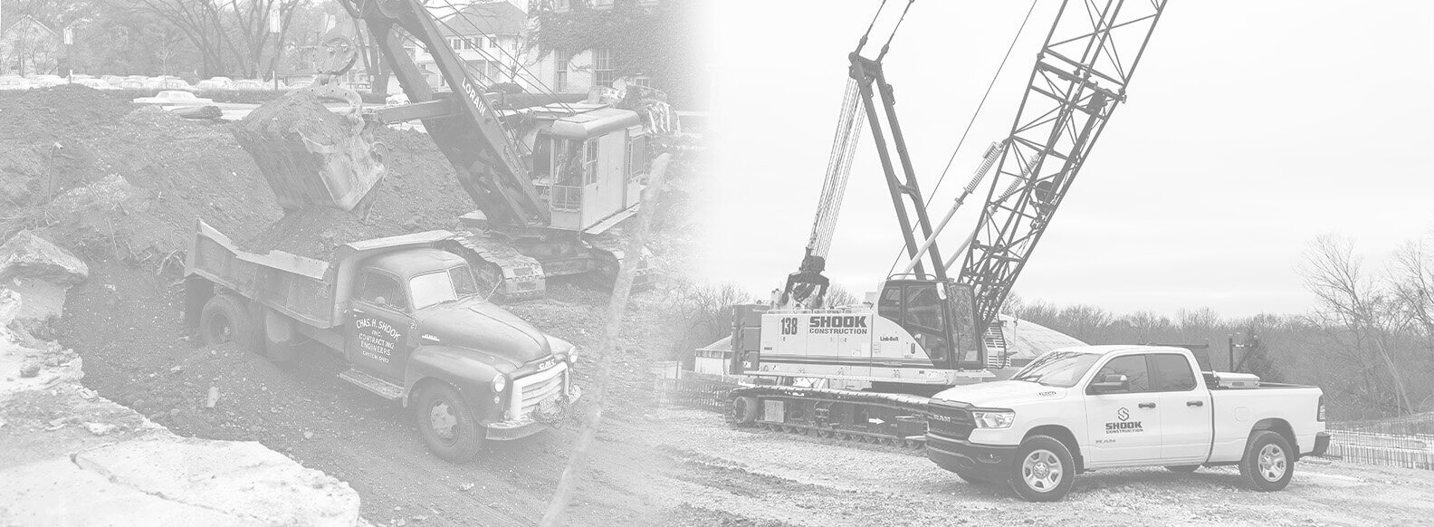 A vintage dump truck and excavator work at a construction site on the left, while a modern pickup truck and crane are at a job site on the right, illustrating changes in construction equipment over time.