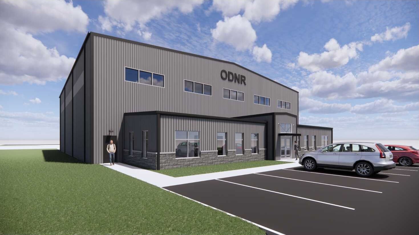 Modern two-story gray industrial building labeled ODNR with large windows, a small parking lot with a few cars, a grassy area, and a partly cloudy blue sky. A person stands by the entrance.
