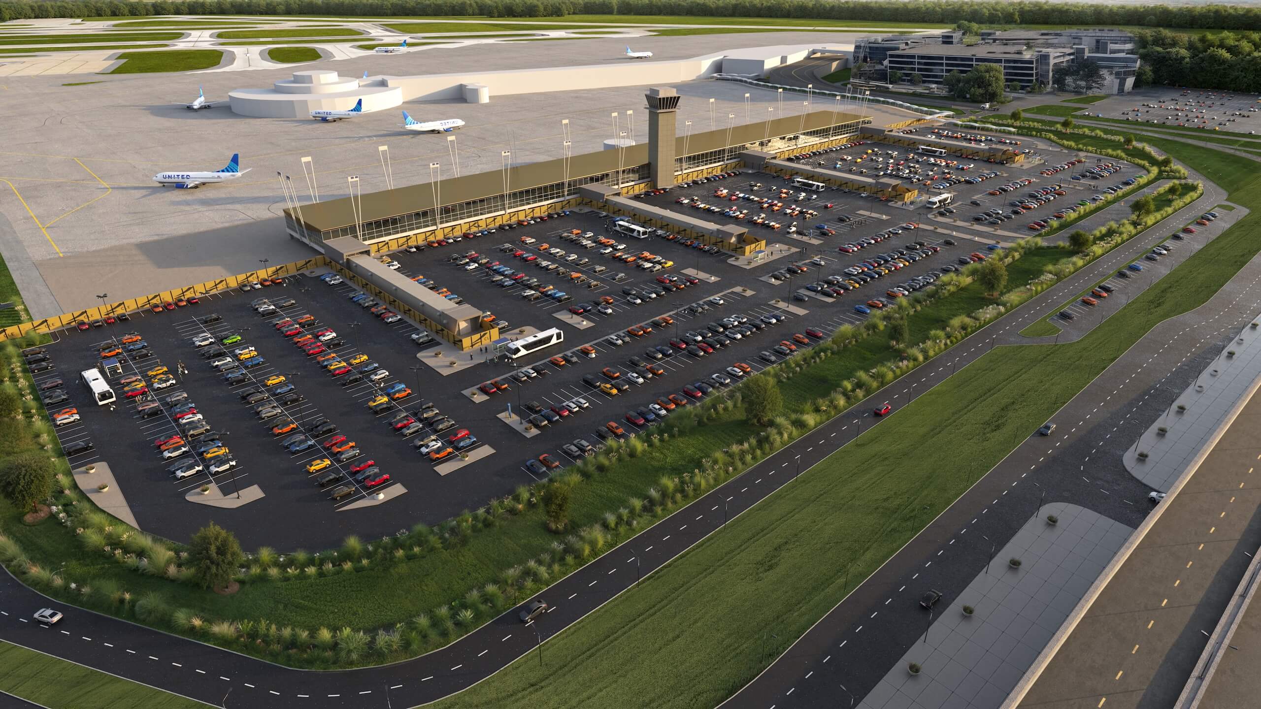 Aerial view of an airport showing a terminal, control tower, parked airplanes, parking lots filled with cars, a bus, and surrounding roads with moving vehicles. Trees and green spaces are visible around the area.