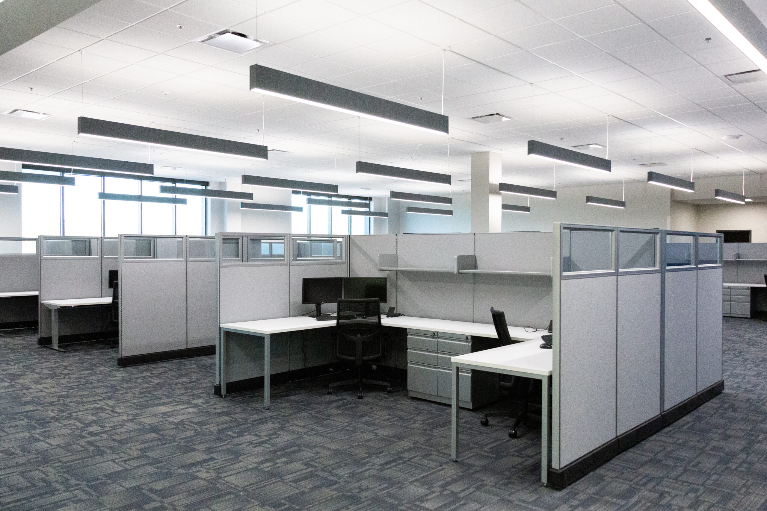 An empty office space with several gray cubicles, desks, office chairs, and computer monitors on a blue patterned carpet under bright ceiling lights.