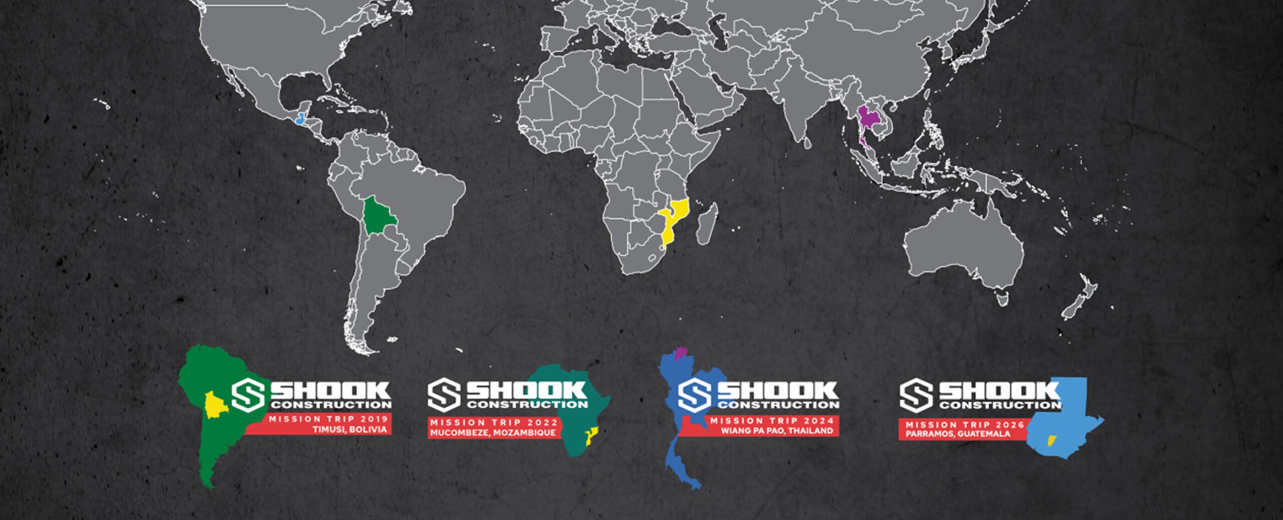 A world map highlights Bolivia, Honduras, Vietnam, and Guatemala in color, showing Shook Constructions mission trip locations from 2019 to 2024, each marked with a specific year and country.