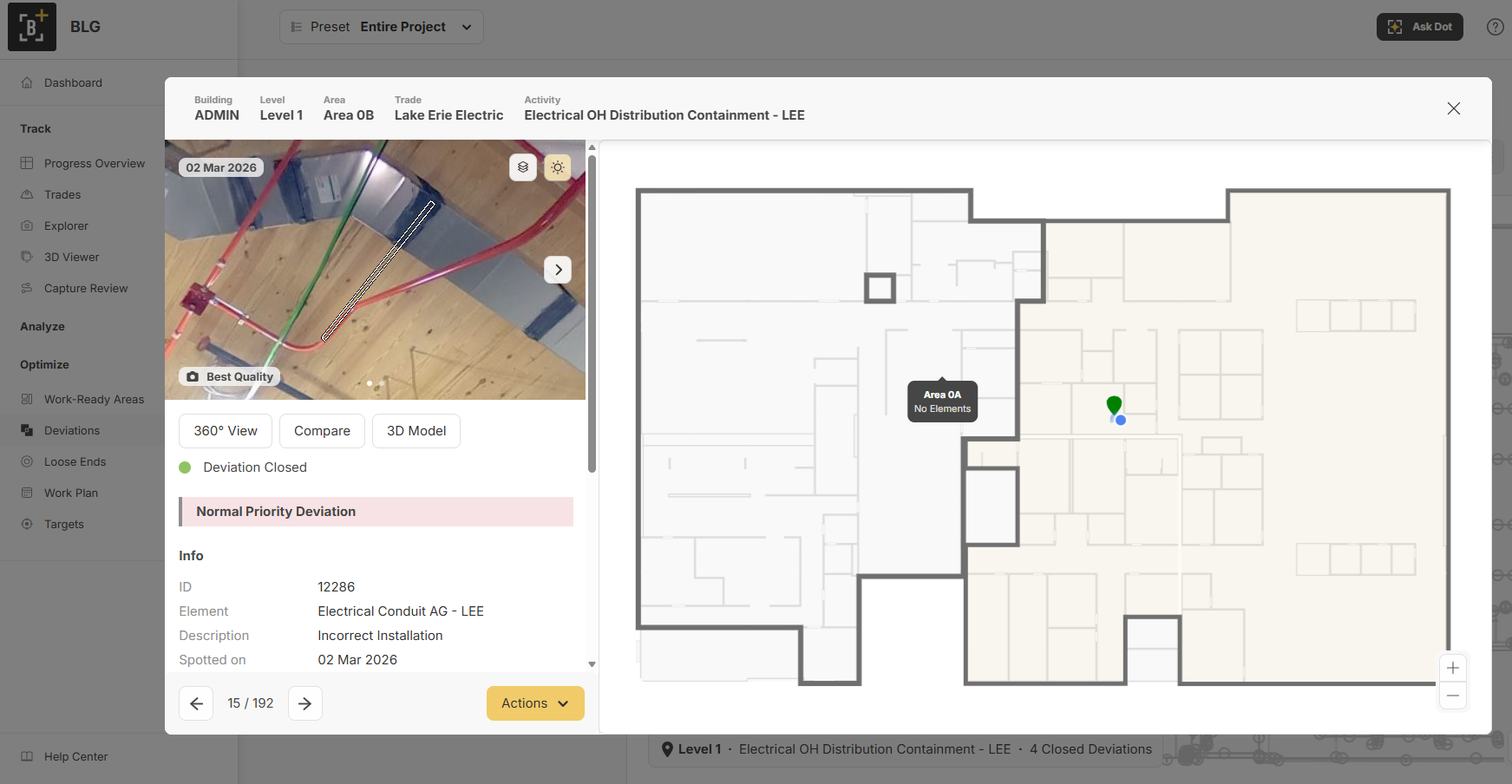 A software dashboard shows a building floor plan with a marker, a photo of cables on the left, and details about an electrical deviation, including its location, ID, and status.